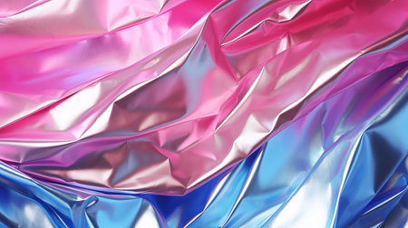 Pink and blue glossy wrinkled ai generated metal pattern. Interplay of light on surface metallic texture abstract background design. Packaging wrap. Distinctive backdrop reflective textured wallpaperの素材