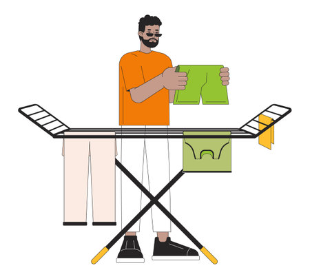 Air drying clothes on rack line cartoon flat illustration. African-american man 2D lineart character isolated on white background. Home chores. Saving energy at home scene vector color imageのイラスト素材