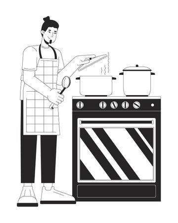 Covering pot with lid while cooking black and white cartoon flat illustration. Stove food preparation. Caucasian guy 2D lineart character isolated. Saving energy monochrome scene vector outline imageのイラスト素材
