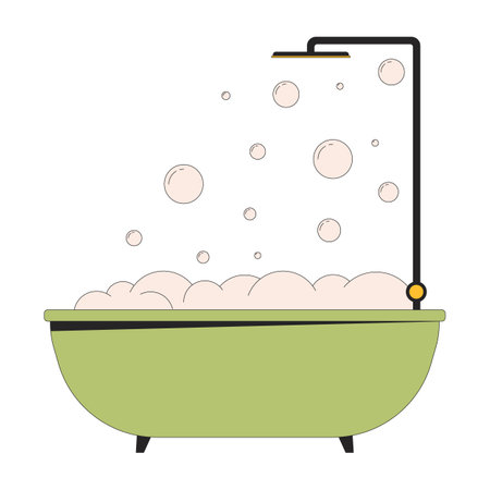 Bathtub bubble bath shower 2D linear cartoon object. Washing showering equipment isolated line vector element white background. Bathroom hygiene. Foam bathtime color flat spot illustrationのイラスト素材