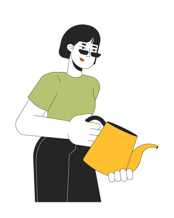 Asian young woman carrying watering can 2D linear cartoon character. Gardening female Korean isolated line vector person white background. Planting horticulturist color flat spot illustrationのイラスト素材