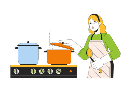 Caucasian woman putting lid on pot 2D linear cartoon character. Boiling water Blonde female isolated line vector person white background. Cooking dinner at kitchen color flat spot illustrationのイラスト素材