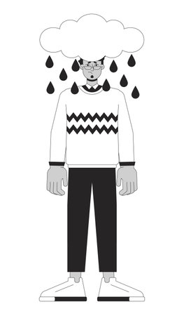 Man anxious depression black and white 2D illustration concept. Sad pessimistic arab adult male...
