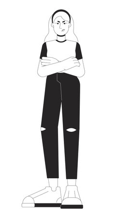 Woman angry arms crossed black and white cartoon flat illustration. Upset female caucasian 2D lineart character isolated. Emotional expressing, body language monochrome scene vector outline imageのイラスト素材