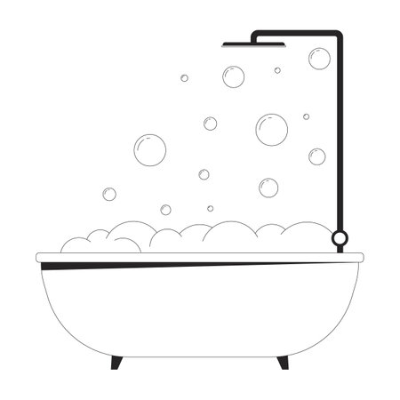 Bathtub bubble bath shower black and white 2D line cartoon object. Washing showering equipment isolated vector outline item. Bathroom hygiene. Foam bathtime monochromatic flat spot illustrationのイラスト素材