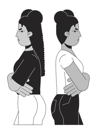 Girls friends facing away from each other black and white 2D line cartoon characters. Disputing women isolated vector outline people. Gesture body language monochromatic flat spot illustrationのイラスト素材