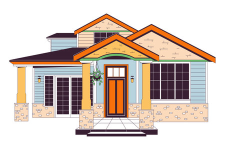 Cozy family home outside 2D linear cartoon object. Dwelling house. Housing estate. Living building isolated line vector element white background. Property exterior color flat spot illustrationのイラスト素材