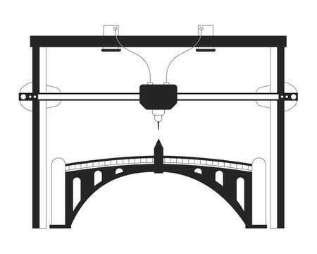 3D printed bridge black and white cartoon flat illustration. Advanced digital modeling footbridge 2D lineart object isolated. Prototyping urban infrastructure monochrome scene vector outline imageのイラスト素材