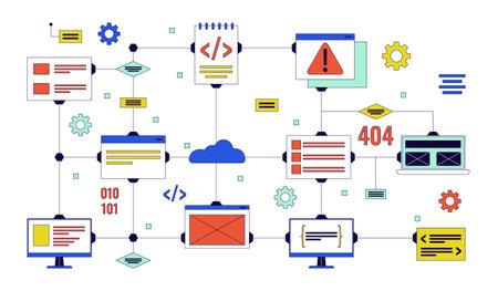 Computer network 2D linear illustration concept. Devices connection technology. Digital data system cartoon items isolated on white. Software development metaphor abstract flat vector outline graphicのイラスト素材
