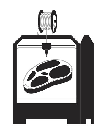 Synthetic meat on 3d printer black and white 2D line cartoon object. Additive manufacturing device...