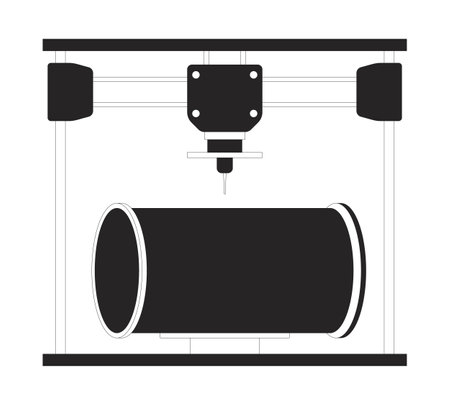 Pipeline part on 3d printer black and white 2D line cartoon object. Additive manufacturing device isolated vector outline item. Technology three-dimensional monochromatic flat spot illustrationのイラスト素材