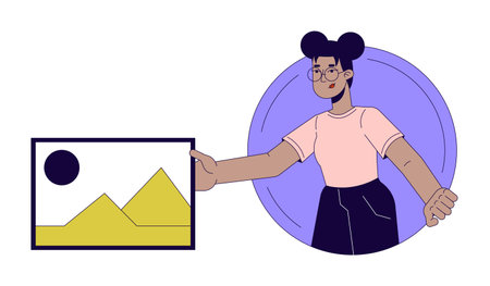 African american woman artist 2D linear cartoon character. Web designer with picture. Visual content maker isolated line vector person white background. Creative job color flat spot illustrationのイラスト素材