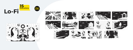 Relaxing atmospheric black and white lofi wallpapers bundle. Cozy nighttime 2D outline cartoon flat...