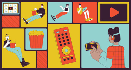 Millennials relaxing with streaming platform bento grid illustration set. Leisure videos watch 2D...