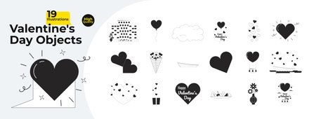 Romantic Valentines day black and white 2D line cartoon objects bundle. 14 February surprise date decor isolated vector outline items collection. Confession love monochromatic flat spot illustrationsのイラスト素材
