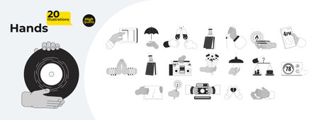 Daily routine lifestyle cartoon hands outline illustration bundle. Multiracial adults 2D isolated black and white vector images collection. Activities leisure flat monochromatic drawing clip art setのイラスト素材