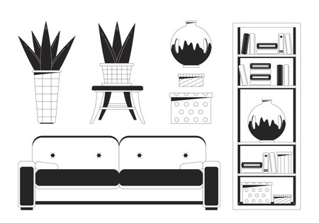Living room furnishing black and white 2D line cartoon objects set. Home interior isolated line vector elements white background. Minimalist furniture monochromatic flat spot illustration collectionのイラスト素材