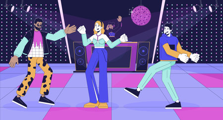 Home party cartoon flat illustration. Having fun together. Friends celebrating festive event 2D line...