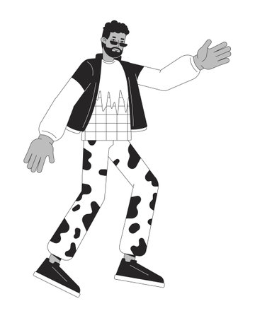 Dancing african american man black and white 2D line cartoon character. Disco party fun. Stylish black guy isolated vector outline person. 80s years clothes monochromatic flat spot illustrationのイラスト素材