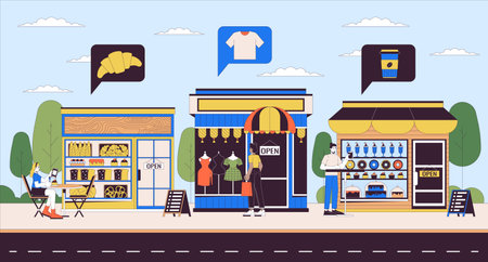 Local small businesses 2D linear illustration concept. Coffee shop, clothes store and bakery on street cartoon scene background. Entrepreneur services metaphor abstract flat vector outline graphicのイラスト素材