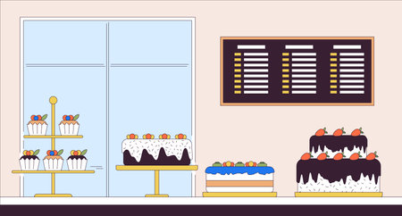Confectionery small business line cartoon flat illustration. Buying and eating sweets. Cakes on...