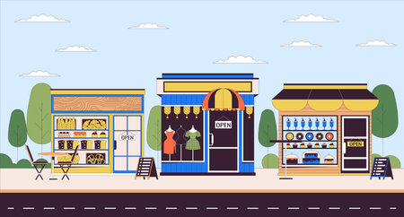 Small businesses line cartoon flat illustration. Visit local shops. Various stores on street 2D lineart scenery background. Goods and services from entrepreneurs scene vector color imageのイラスト素材