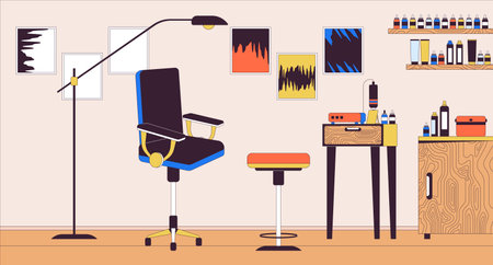 Tattoo artist workplace line cartoon flat illustration. Tattooing tools and supplies. Skin art salon 2D lineart scenery background. Beauty service small business scene vector color imageのイラスト素材