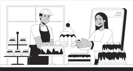 Confectionery online orders black and white cartoon flat illustration. Female customer buying cakes outline cartoon scene background. Small business digital service metaphor monochrome vector artのイラスト素材