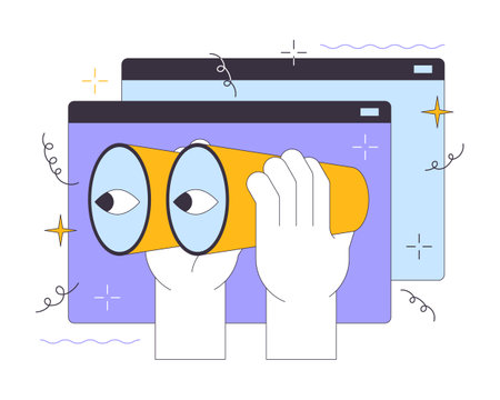 Web searching tool 2D linear illustration concept. Using binoculars to look at web pages cartoon character hands isolated on white. Online information metaphor abstract flat vector outline graphicのイラスト素材
