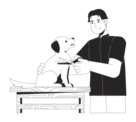 Asian man grooming dog black and white 2D line cartoon character. Groomer taking care of pet isolated vector outline person. Animal beauty and hygiene service monochromatic flat spot illustrationのイラスト素材