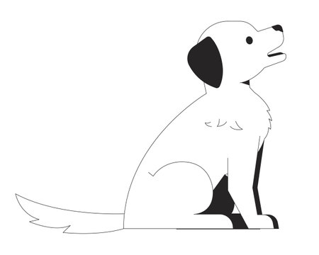 Friendly dog sitting black and white 2D line cartoon character. Pedigreed puppy. Fluffy canine pet companion isolated vector outline animal. Veterinarian service monochromatic flat spot illustrationのイラスト素材