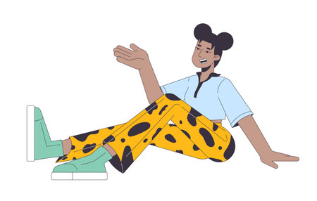 Smiling woman sitting and talking 2D linear cartoon character. Friendly black female isolated line vector person white background. Comfortable communication atmosphere color flat spot illustrationのイラスト素材