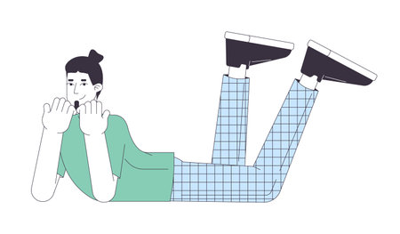 Happy young man lying 2D linear cartoon character. Taking break. Caucasian male resting isolated line vector person white background. Relaxation on free time color flat spot illustrationのイラスト素材