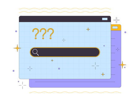 Search box and question marks on website 2D linear cartoon object. Find info online tools isolated line vector element white background. Data seeking technology color flat spot illustrationのイラスト素材