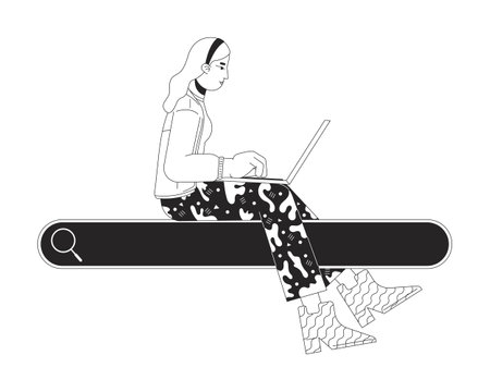 Woman with laptop sitting on search box black and white 2D line cartoon character. Caucasian female surfing internet isolated vector outline person. Information monochromatic flat spot illustrationのイラスト素材