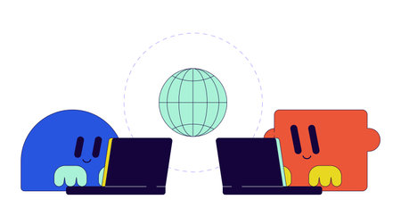 International data transfer 2D linear illustration concept. Geometric personages typing laptops cartoon characters isolated on white. Information exchange metaphor abstract flat vector outline graphicのイラスト素材