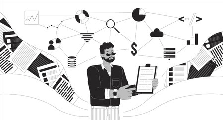 Data analyst skills black and white 2D illustration concept. African-american male analysis expert holding clipboard outline cartoon scene background. Database management metaphor monochrome vectorのイラスト素材