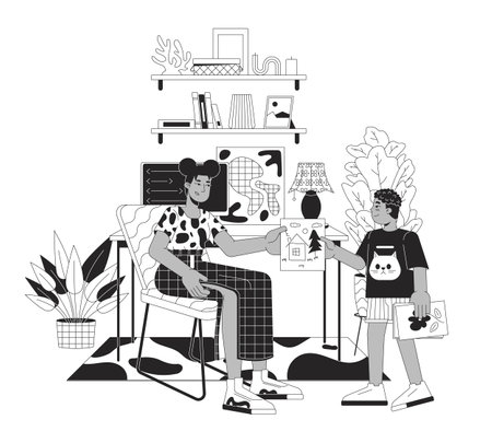 Being able to be present for your family bw line illustration. Son giving picture to mother 2D lineart characters isolated on white background. Home office home monochrome scene vector outline imageのイラスト素材
