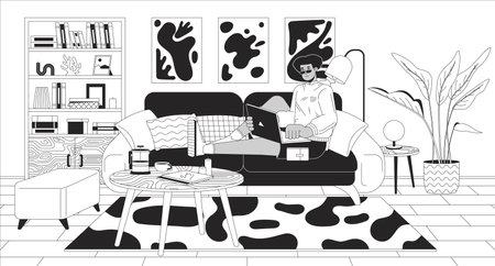 Work everywhere black and white line illustration. Cozy workspace. Hispanic man with laptop lying on sofa 2D character monochrome background. Home office benefits outline scene vector imageのイラスト素材