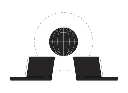 Global data transfer laptops black and white 2D line cartoon object. International information exchange notebooks isolated vector outline item. Connected devices monochromatic flat spot illustrationのイラスト素材
