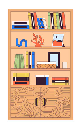 Wooden cabinet with decorative accessories 2D linear cartoon object. Bookcase in office interior isolated line vector element white background. Home furnishing color flat spot illustrationのイラスト素材