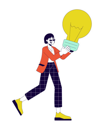 Excited businesswoman holding lightbulb 2D linear cartoon character. Showing idea Korean young woman isolated line vector person white background. Creativity marketing color flat spot illustrationのイラスト素材