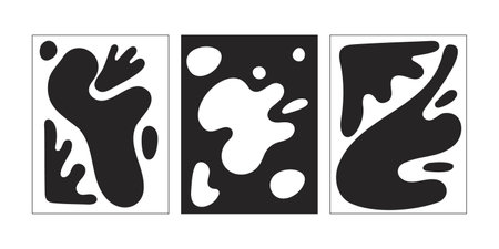 Abstract paintings black and white 2D line cartoon objects set. Irregular smears drawings in frames isolated vector outline items collection. Art in interior monochromatic flat spot illustrationsのイラスト素材