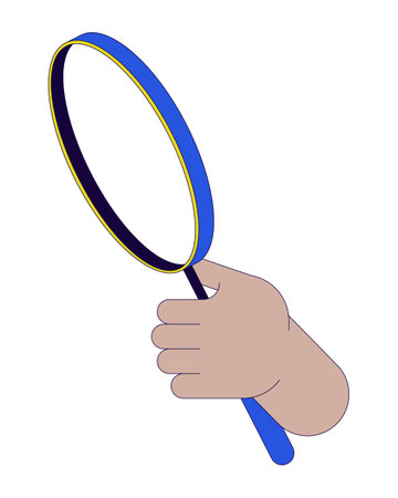 Zoom magnifying glass linear cartoon character hand illustration. Holding loupe outline 2D vector image, white background. Focus exploration. Lens searching. Magnification editable flat color clipartのイラスト素材