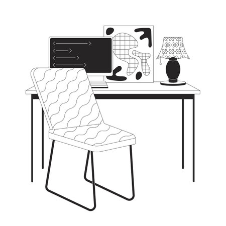 Minimalist home office with pc 2D linear cartoon objects. Computer on table in interior design isolated vector outline items. Workplace organization monochromatic flat spot illustrationのイラスト素材