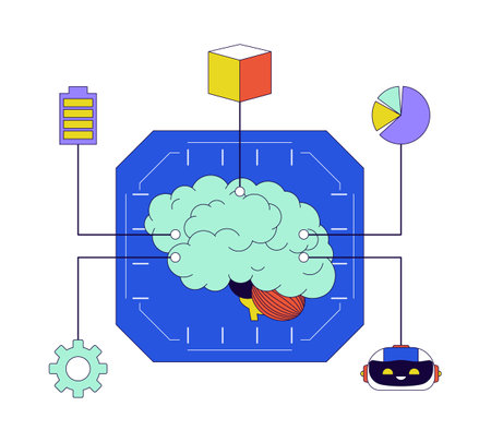 Machine learning brain 2D linear illustration concept. Data analytics software. Computing platform cartoon object isolated on white. Digital processing metaphor abstract flat vector outline graphicのイラスト素材