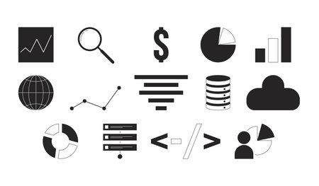 Analytics database management black and white 2D line cartoon objects set. Planning, charts, cloud storage isolated vector outline items collection. Data analysis monochromatic flat spot illustrationsのイラスト素材