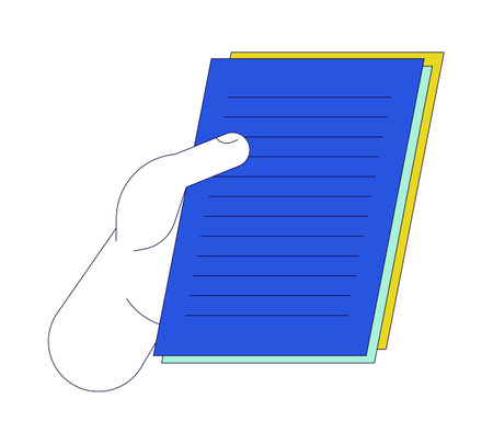 Holding paperwork linear cartoon character hand illustration. Looking papers. Reading files outline 2D vector image, white background. Review documents. Checking report editable flat color clipartのイラスト素材