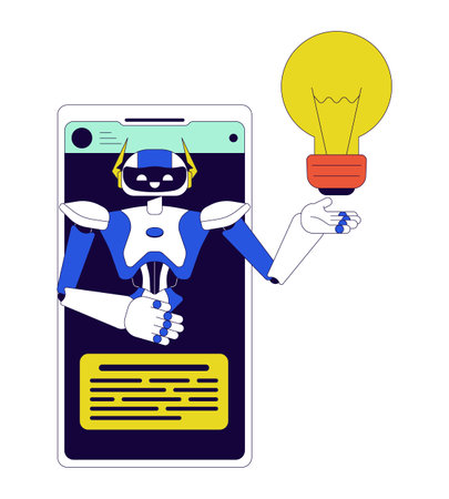 AI assistant cellphone 2D linear cartoon object. Idea generation algorithm mobile phone isolated line vector element white background. Artificial intelligence chatbot color flat spot illustrationのイラスト素材