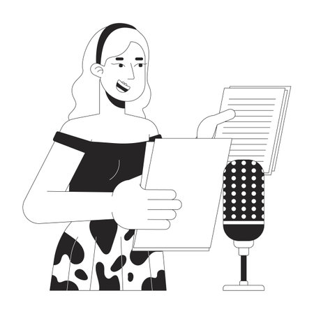 Blonde woman voiceover artist black and white 2D line cartoon character. Caucasian female voice actor isolated vector outline person. Microphone talk. Dubbing monochromatic flat spot illustrationのイラスト素材